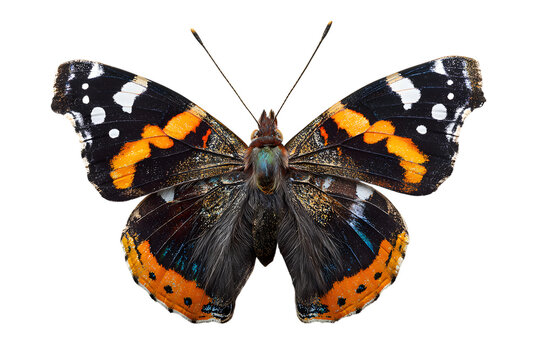 Vibrant red admiral butterfly with intricate wing patterns on black background