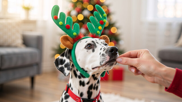 A cute Dalmatian dog wearing festive reindeer antlers gets a Christmas treat from its owner. Adorable pet celebrating the holiday season at home. New Year celebration with a funny animal