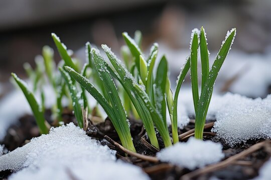 Green plant shoots emerging from soil surrounded by patches of snow with ice crystals on leaves