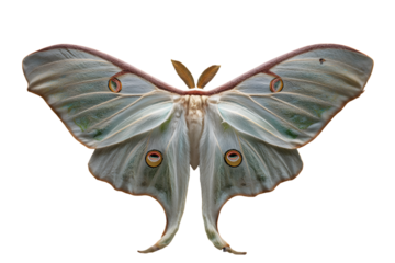 Elegant luna moth with long tail wings on black background