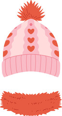 Pink And Red Winter Knit Pom Pom Hat Illustration