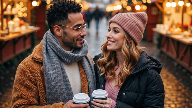 Happy interracial couple smiling at a Christmas market. Young man and woman on a romantic winter date with hot drinks. Festive holiday celebration