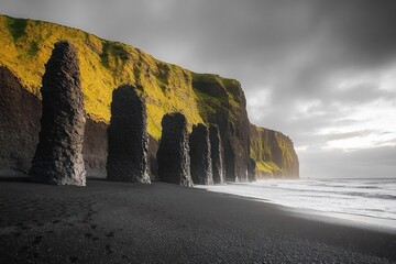 Black sand beach with row of tall dark stone columns in front of green moss-covered cliffs under moody cloudy sky