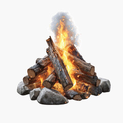 Campfire with Burning Logs and Rocks