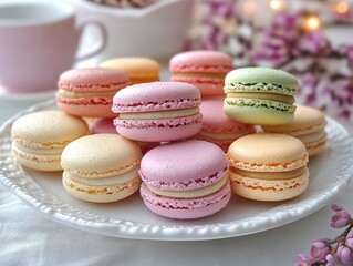 Fototapeta premium Close-up of colorful assorted macarons neatly arranged on a white decorative plate with a soft floral background and a cup of coffee, evoking a delicate and inviting atmosphere
