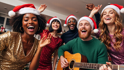 Diverse group of friends having fun at a Christmas party. Happy people singing and playing guitar during a New Year's holiday celebration