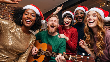 Diverse group of friends singing and playing guitar at a Christmas party. Happy young people in Santa hats celebrating the holidays together at home
