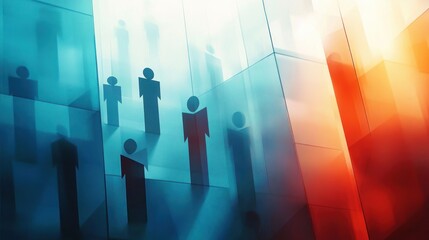 abstract representation of human figures within translucent geometric shapes in blue and orange light, evoking feelings of separation, isolation, and anonymity