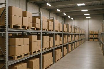 Warehouse Interior with Shelves Stacked with Cardboard Boxes on Pallets, Storage and Distribution of Goods