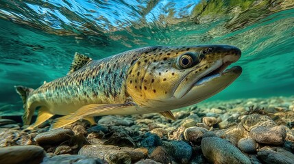 Fototapeta premium Brown Trout Swimming Underwater in Clear Stream Habitat with Visible Sky and Pebbles