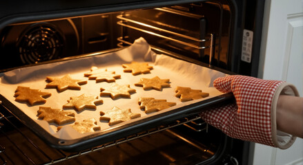 A hand in an oven mitt places a tray of raw Christmas cookies into a hot oven. Baking homemade gingerbread for the holiday season. Festive food preparation concept