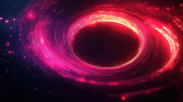 Vibrant glowing pink and red swirling vortex resembling a cosmic black hole with bright particle trails and stars in deep space