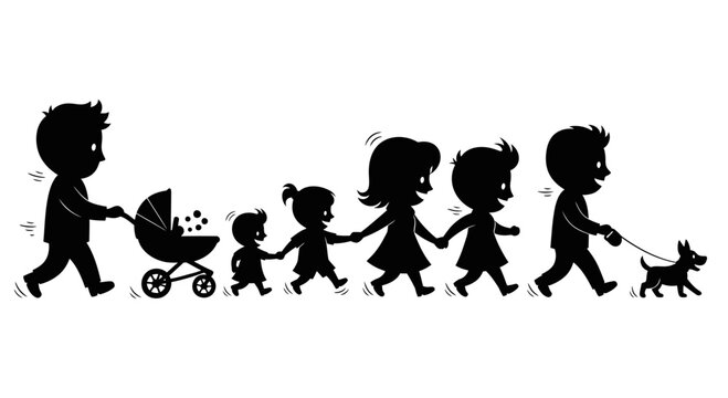Stylized silhouette illustration of a family walking with a stroller and a dog in simple graphic