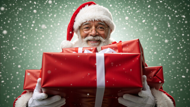 Happy Santa Claus holding a stack of red Christmas gifts. Cheerful senior black man with a white beard smiling in the falling snow. Festive holiday season background
