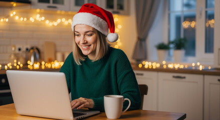 Smiling woman in a Santa hat and green sweater using a laptop at home during Christmas. Happy young female online shopping or working remotely in a cozy festive kitchen