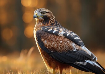 Obraz premium Close-up of a majestic brown and black bird of prey standing on grass with a softly blurred warm golden background