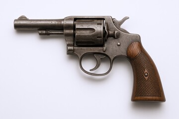Vintage Revolver Pistol on White Background Displaying Classic Design and Firearm Mechanism