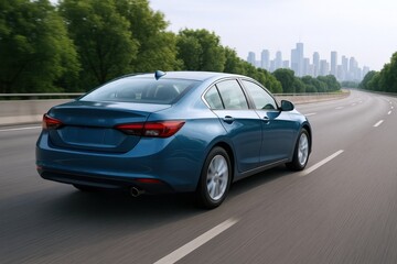 Blue sedan on highway, showcasing modern design and urban backdrop for automotive advertising