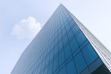 Modern Corporate Skyscraper with Glass Facade Reflecting Sky and Clouds, Symbolizing Business and Growth