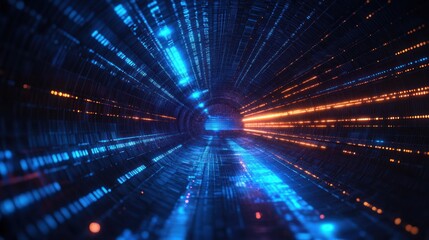 Futuristic digital tunnel with blue and orange glowing lights creating a sense of depth and motion in a high-tech environment