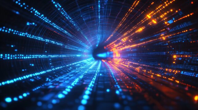 Abstract glowing digital tunnel with blue and orange light dots creating a dynamic futuristic data stream effect