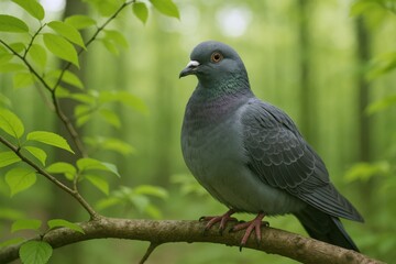 Pigeon Perched on Branch in Lush Green Forest: Avian Wildlife and Natural Habitat
