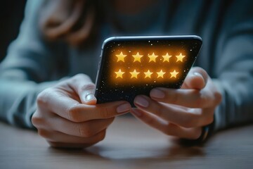 Close-up of hands holding a smartphone glowing with two rows of five golden star ratings, symbolizing high satisfaction and positive review
