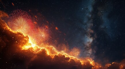 Fototapeta premium Bright fireworks exploding above orange glowing clouds under a starry night sky with the Milky Way galaxy visible