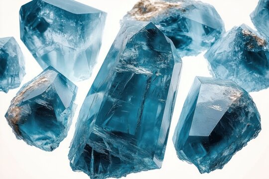 Multiple raw blue crystals with rough and smooth surfaces glowing softly against a white background