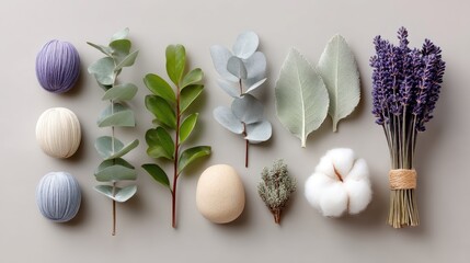 Styled Flat Lay Arrangement Of Various Natural Elements Including Lavender Eucalyptus Cotton And Decorative Spheres On A Neutral Background
