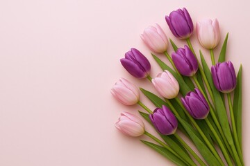 Obraz premium Pastel Tulips Bouquet on Pink Background: Floral Springtime Composition for Celebrations and Decorative Design