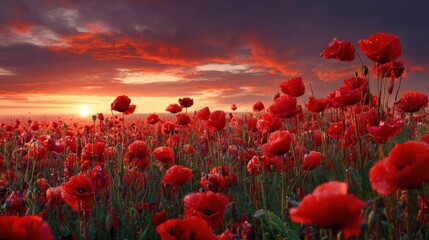 Obraz premium Vibrant Red Poppy Field at Sunset: Nature's Serene Beauty with a Fiery Sky