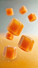 Delicious orange gummies floating in sugar create playful scene