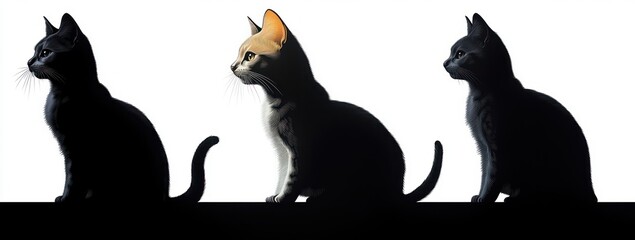 Three black cats sitting in a row on a ledge, each cat in profile facing left against a bright white background, creating a peaceful and attentive atmosphere