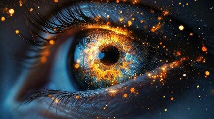 Close-up of a blue eye with fiery orange and yellow glowing particles and sparks surrounding the iris creating a mystical and intense visual effect