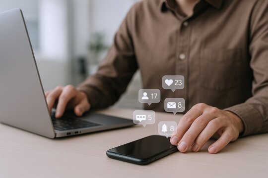 Man using laptop with social media notifications, illustrating online engagement and digital marketing strategies