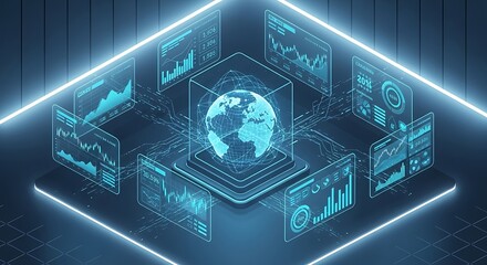Futuristic digital interface displaying global data analysis, with a central world globe.