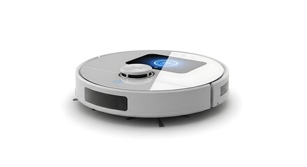 Fototapeta premium A white robotic vacuum cleaner, circular in shape, sits on a white surface, casting a soft shadow.