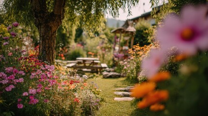 Obraz premium Serene Garden Oasis with Blooming Flowers and Rustic Picnic Table on a Sunny Day