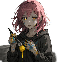 emotional anime girl with pink hair holding paintbrush covered in yellow paint standing in gloomy street expressive digital illustration