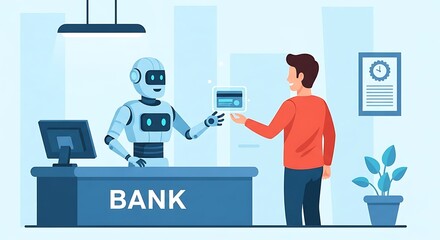 A robot bank teller interacting with a customer, exchanging a credit card.