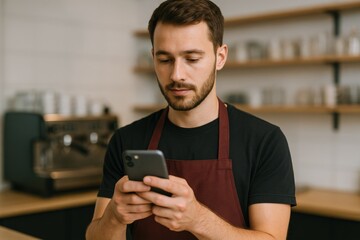 Barista Using Smartphone in Coffee Shop: Modern Technology and Small Business Management Concept