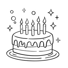 Hand-drawn birthday cake with candles and sparkles in black and white doodle style
