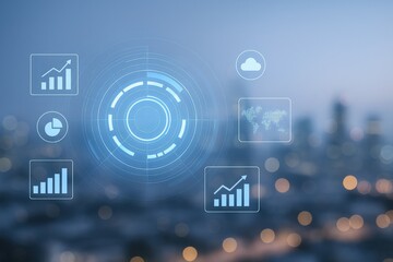 Digital data overlay on blurred city skyline showcasing business intelligence and analytics for strategic growth