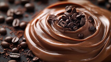 Close-up of smooth creamy chocolate spread with chocolate shavings and coffee beans scattered around creating a rich and indulgent texture