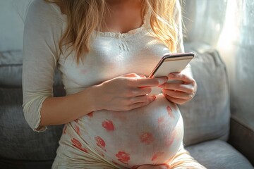 pregnant woman sitting on couch using smartphone with soft natural light coming through window creating calm atmosphere
