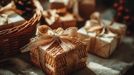 Soft focus and background blurred Gift Baskets, Gift set .Holiday and Christmas and New year present Concept.