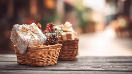 Soft focus and background blurred Gift Baskets, Gift set .Holiday and Christmas and New year present Concept.