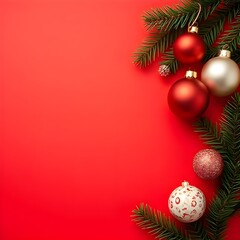 Christmas Background with Red and Gold Ornaments and Fir Branches