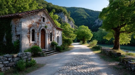 Small stone rural chapel with arched wooden door and moss covered walls sits beside a cobblestone path bathed in warm dappled sunlight surrounded by lush green trees and rolling hills.